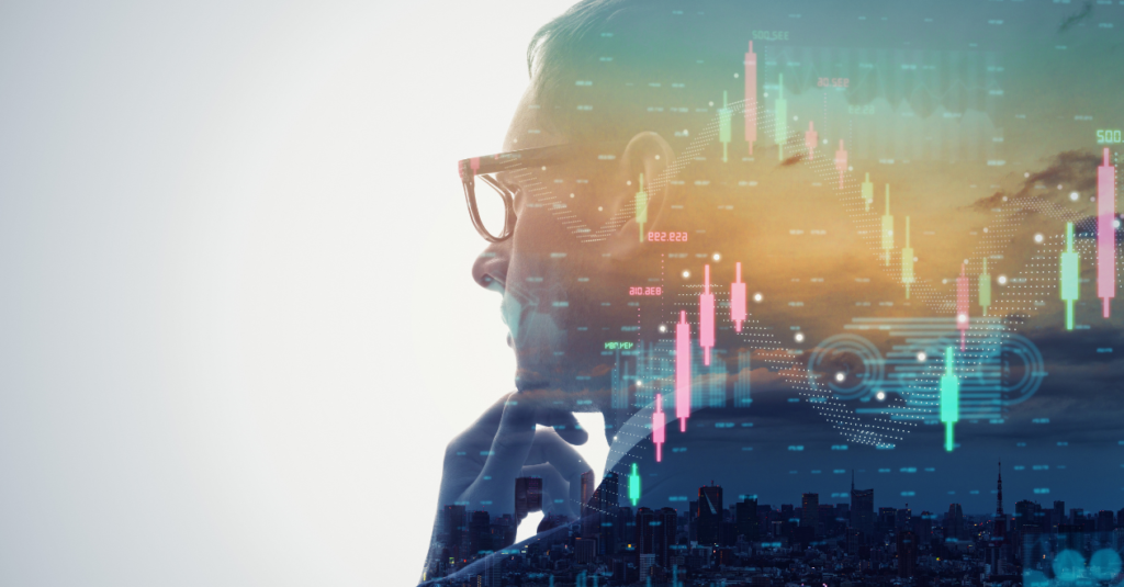 A professional wearing glasses studies financial data, with stock market charts and a city skyline overlaid.
