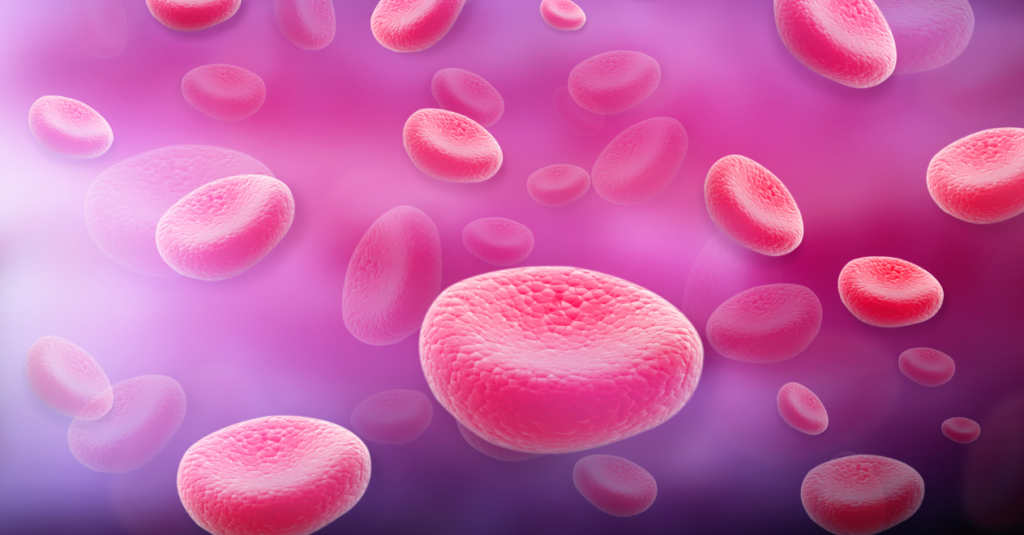A 3D illustration of pink and red blood cells floating against a purple background.